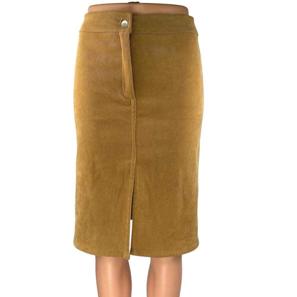 Plum Women's Brown Gold Faux Suede Zipper Slit Knee Length Pencil Skirt Size S